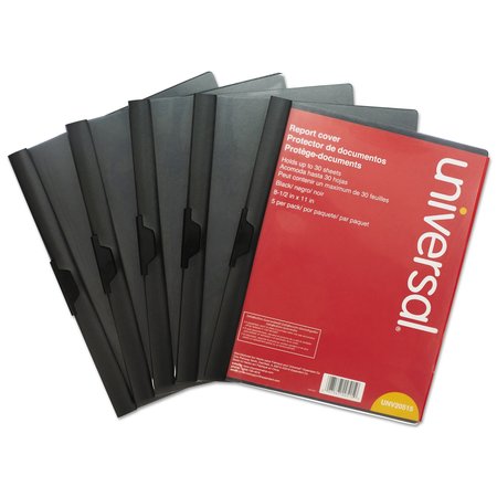 UNIVERSAL Plastic Report Cover w/Clip, Letter, Holds 30 Pages, Clear/Black, PK5 UNV20515